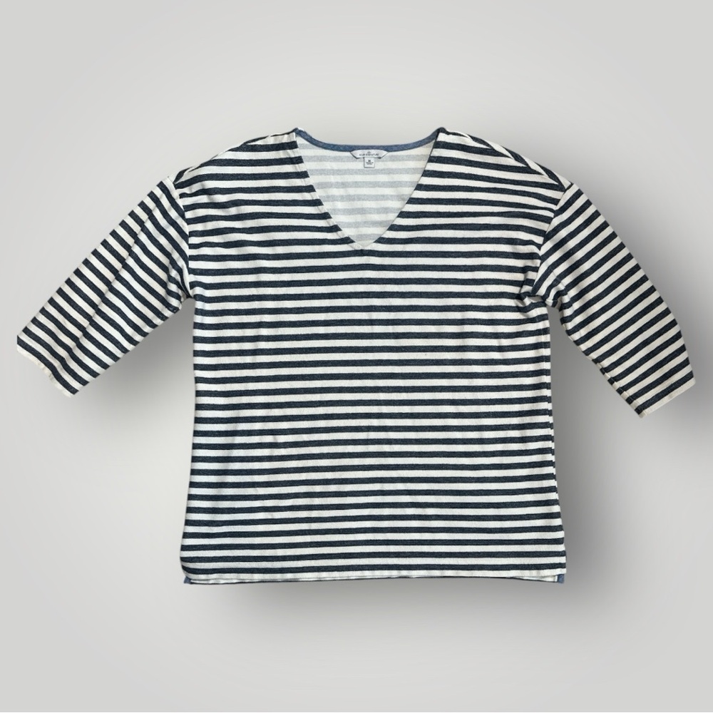 LL Bean Signature Breton Stripe V Neck Top Womens Medium 3/4 Sleeve coastal